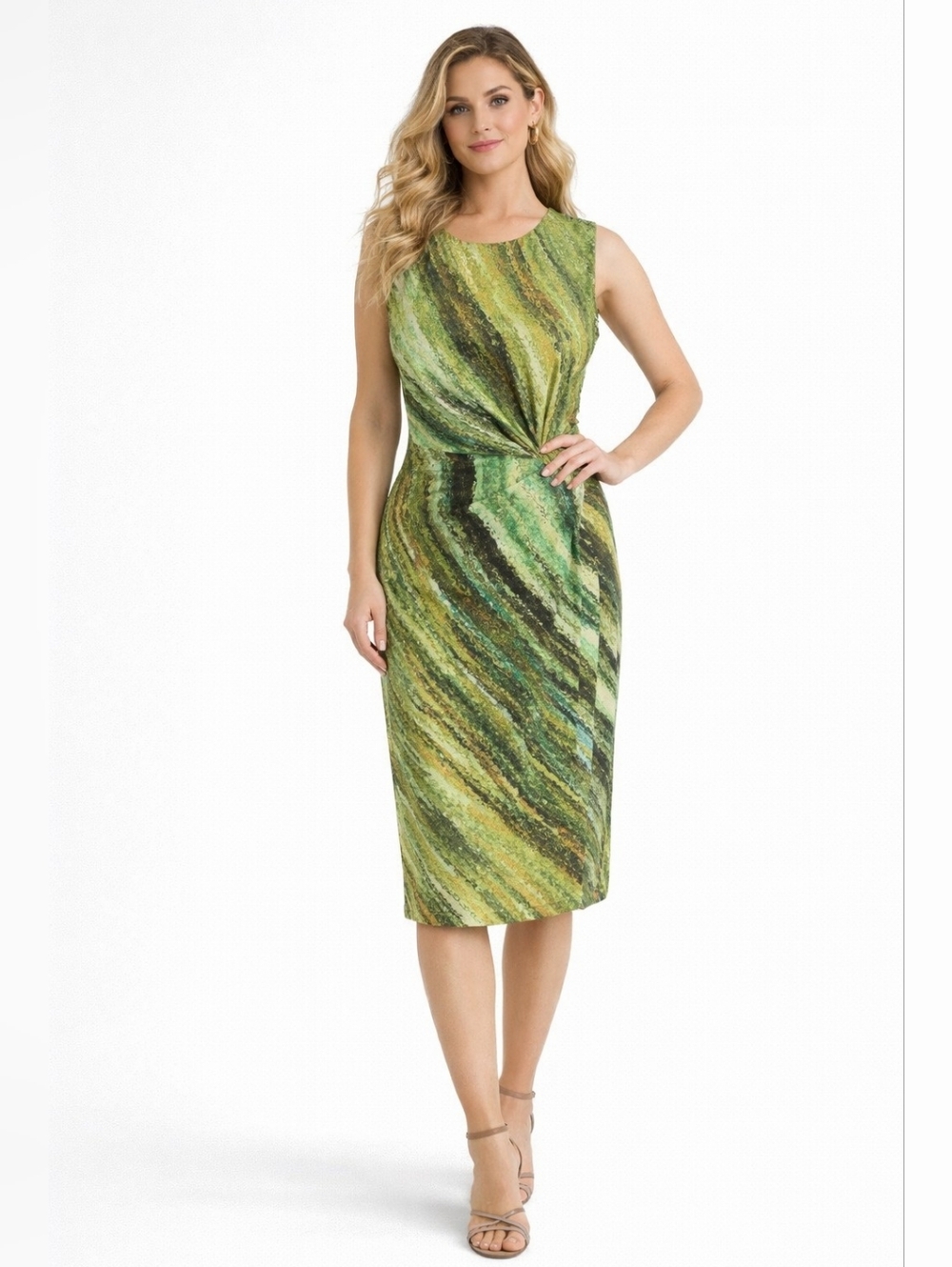 Anne Klein Green Abstract Twist Waist Sheath Dress
